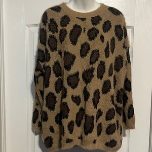 Fuzzy Leopard Print Crewneck Sweater - Brown size M